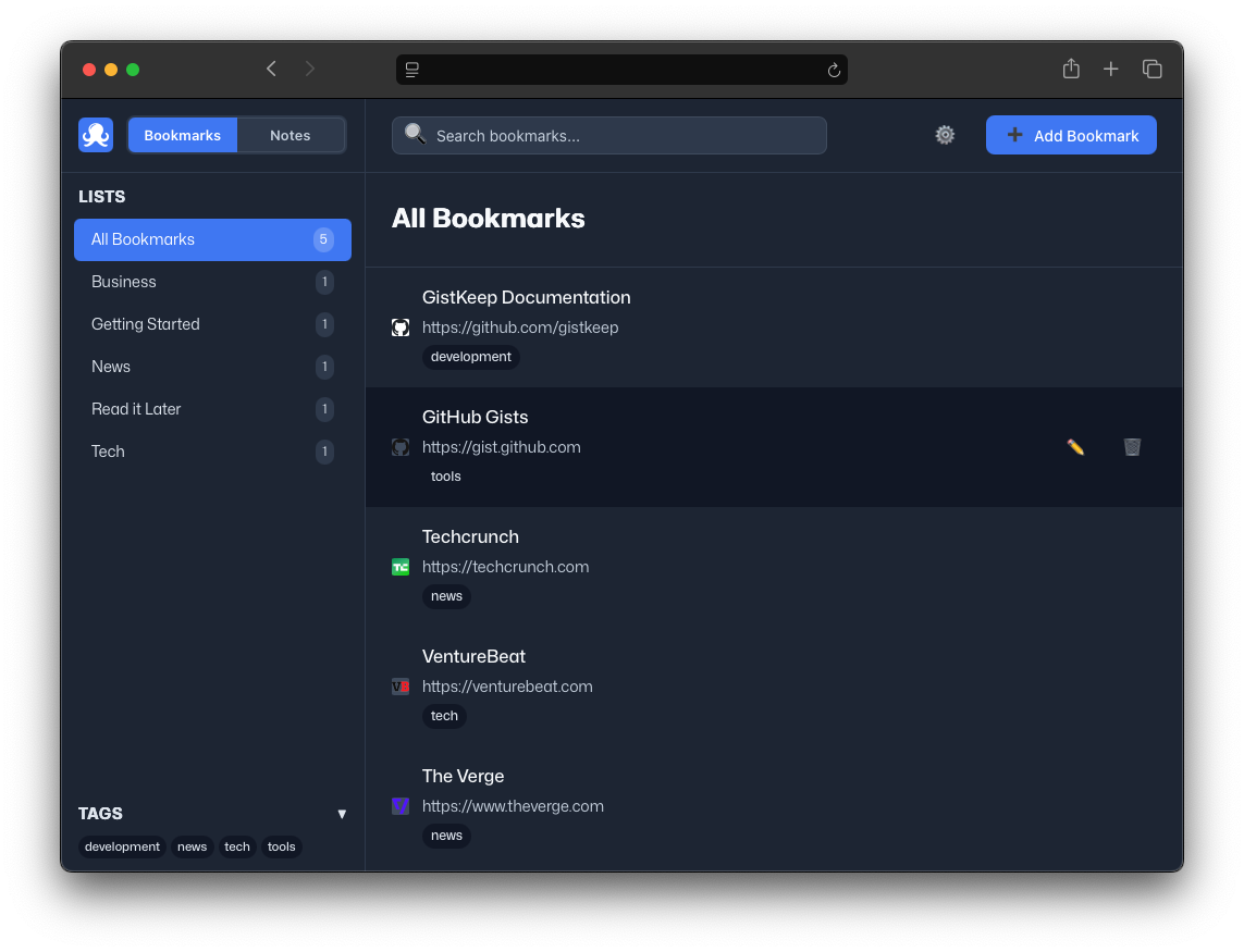 GistKeep interface preview in dark theme