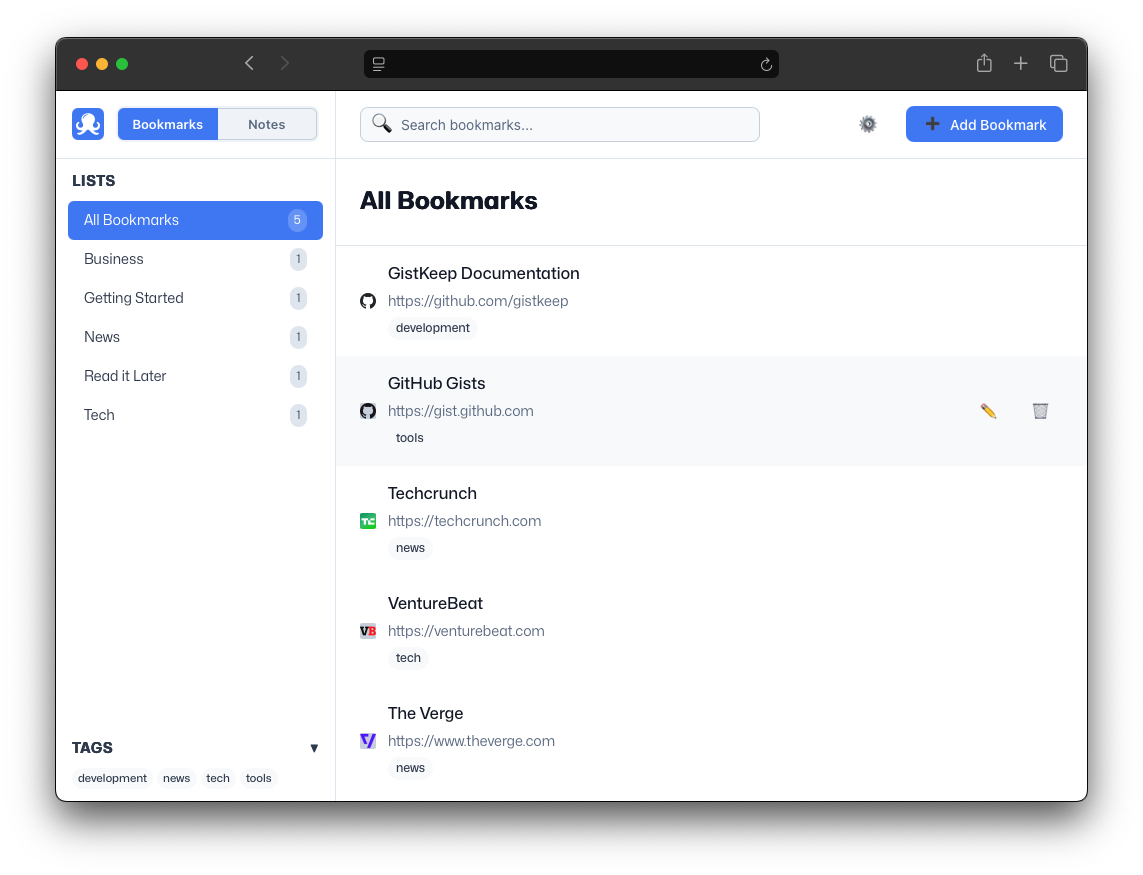 GistKeep interface preview in light theme