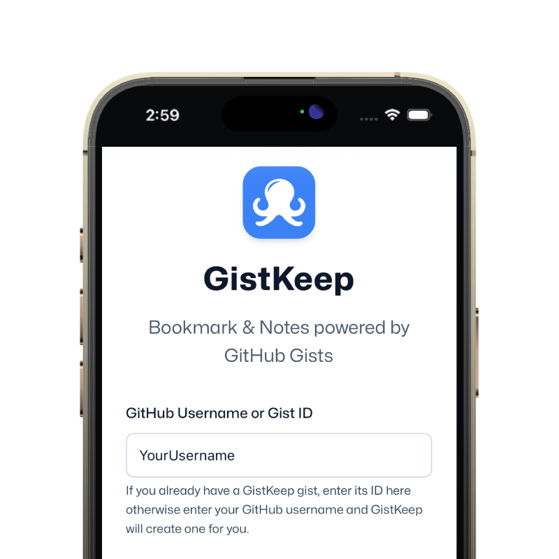 GistKeep setup screen for entering GitHub settings